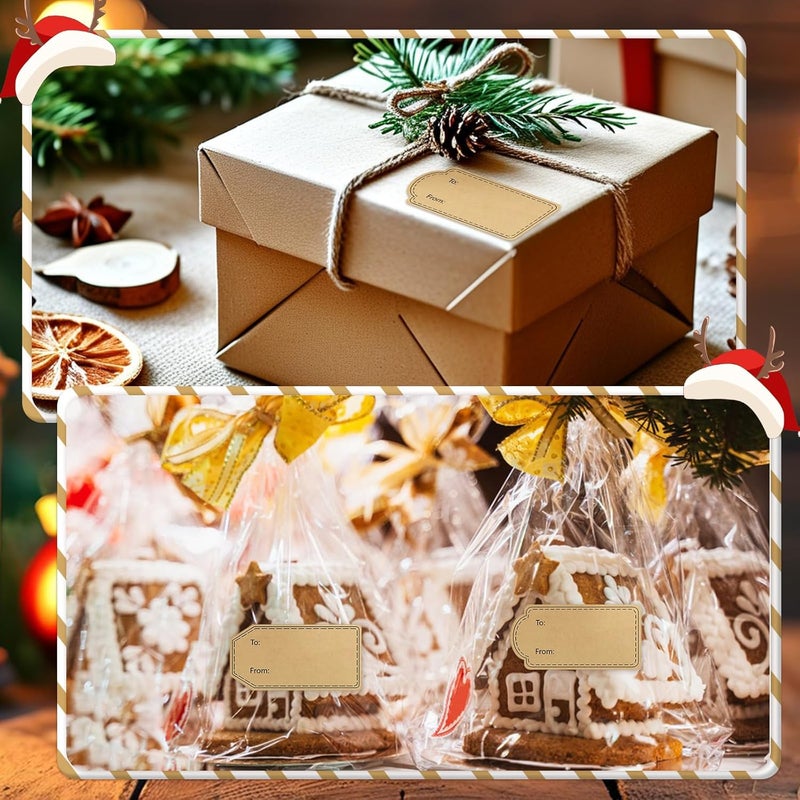 AuraRay 600 Pcs Gift Tag Stickers, 4 Styles Natural Kraft to and from Gift Tag Stickers 1.18"X2.36" Self Adhesive Christmas Labels Holiday Present Labels, 300 Pcs/Roll - Image 3